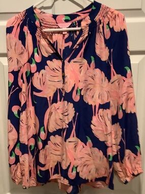 Lilly Pulitzer Navy Dress with Pink Flamingoes , silk, medium